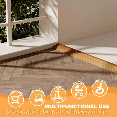 Floor Transition Strip 3.3ft, Double Sided Self-Adhesive PVC, Light Brown, installed in doorway showing multifunctional use icons.