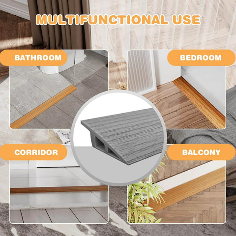 Multifunctional use of Floor Transition Strip 3.3ft, Double Sided Self-Adhesive PVC, shown in bathroom, bedroom, corridor, balcony