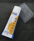 Heavy Duty Patch Kit For Air Mattresses Water Beds Hot Tubs Above Ground Pools Bouncy Houses And Other Inflatable Gear With Reinforcing Mesh Cord PVC And PU Glue For Permanent Patching Of Leaks On PVC Piping Hoses And More, showing PVC glue tube and mesh cord.
