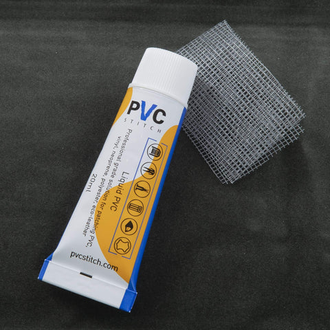 Heavy Duty Patch Kit For Air Mattresses Water Beds Hot Tubs Above Ground Pools Bouncy Houses And Other Inflatable Gear With Reinforcing Mesh Cord PVC And PU Glue For Permanent Patching Of Leaks On PVC Piping Hoses And More, showing PVC glue tube and mesh cord.