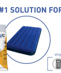 Heavy Duty Patch Kit For Air Mattresses Water Beds Hot Tubs Above Ground Pools Bouncy Houses And Other Inflatable Gear With Reinforcing Mesh Cord PVC And PU Glue For Permanent Patching Of Leaks On PVC Piping Hoses And More image showing PVC glue tube and inflatable air mattress