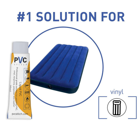 Heavy Duty Patch Kit For Air Mattresses Water Beds Hot Tubs Above Ground Pools Bouncy Houses And Other Inflatable Gear With Reinforcing Mesh Cord PVC And PU Glue For Permanent Patching Of Leaks On PVC Piping Hoses And More image showing PVC glue tube and inflatable air mattress