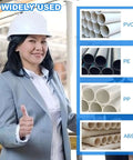 Smiling person in hard hat next to images of PVC, PE, PP, ABS pipes labeled as widely used materials.
