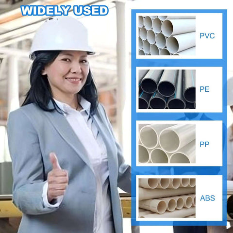 Smiling person in hard hat next to images of PVC, PE, PP, ABS pipes labeled as widely used materials.