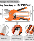 Ratcheting PVC Pipe Cutter for 1-1/4 in Pipes with Manganese Steel Body and Rubber Handle, side view with cutting capacity labels