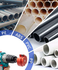 Two Wing PVC Pipe Reamer With Carbide Inserts For Stable Fast Pipe Prep Fits Standard Half Inch Drills tool with various pipes.