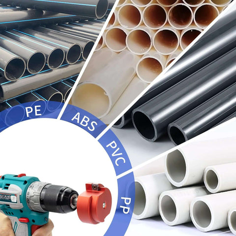 Two Wing PVC Pipe Reamer With Carbide Inserts For Stable Fast Pipe Prep Fits Standard Half Inch Drills tool with various pipes.