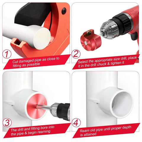 Step-by-step guide using Nine Piece PVC Pipe Reamer Kit For 1/2 To 4 Inch Pipes With Inner Cutter For PVC CPVC ABS conduit and SCH40 repairs.