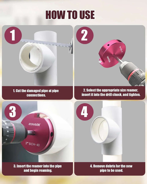 Instructions for using 2 Inch PVC Pipe Reamer Fitting Saver Socket For Schedule 40 PVC Deburring Tool Fits Standard One Half Inch Drill