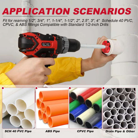Person using drill with Nine Piece PVC Pipe Reamer Kit For 1/2 To 4 Inch Pipes With Inner Cutter on PVC pipe.