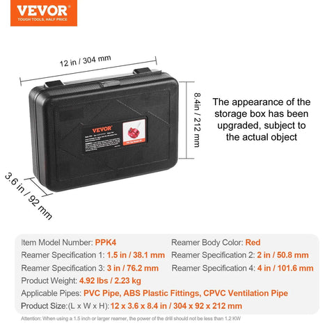 PVC Pipe Reamer Kit Drill Ready 4 Piece Set Aluminum Alloy with storage box, size options 1.5 to 4 inch, shown in packaging