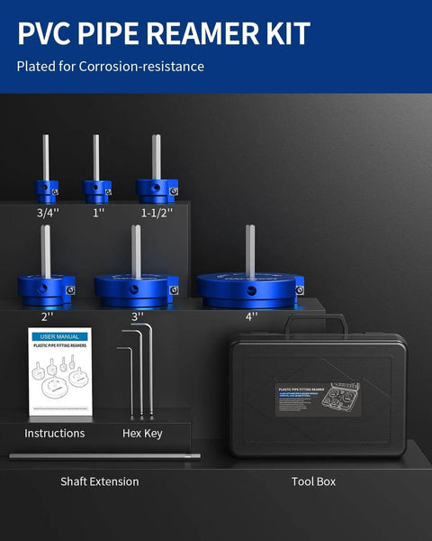 Six Piece PVC Pipe Reamer Kit With Three Quarter Inch To Four Inch Heads Includes Four Sided Carbide Aluminum Reamer Tool Ideal For Schedule 40 PVC CPVC And ABS Fittings With An Eleven And A Half Inch Extension Shaft For Quick Cleaning And Fitting Saver on display with accessories.