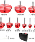 Nine Piece PVC Pipe Reamer Kit For 1/2 To 4 Inch Pipes With Inner Cutter For PVC CPVC ABS Conduit And SCH40 Repairs shown with wrench and toolbox