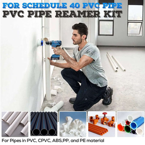 Person using heavy-duty 3 inch PVC pipe reamer for standard one-half inch drills socket saver for Schedule 40 pipes