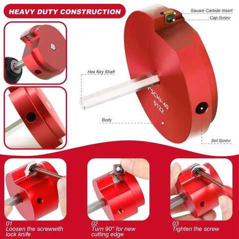 Nine Piece PVC Pipe Reamer Kit For 1/2 To 4 Inch Pipes With Inner Cutter For PVC CPVC ABS Conduit And SCH40 Repairs All In One Pipe Fitting Saver Pro Grade For DIY Pros, detailed view showing red hex shank and carbide insert in use with instructions.