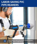 Man using Six Piece PVC Pipe Reamer Kit With Three Quarter Inch To Four Inch Heads Includes Four Sided Carbide Aluminum Reamer Tool