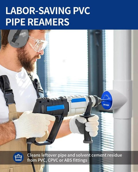 Man using Six Piece PVC Pipe Reamer Kit With Three Quarter Inch To Four Inch Heads Includes Four Sided Carbide Aluminum Reamer Tool