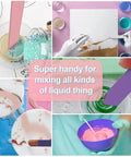 Collage of using Epoxy Resin Stir Sticks Set 20 PVC Mixing Sticks in 4 colors for mixing epoxy, resin, and paints in DIY projects.