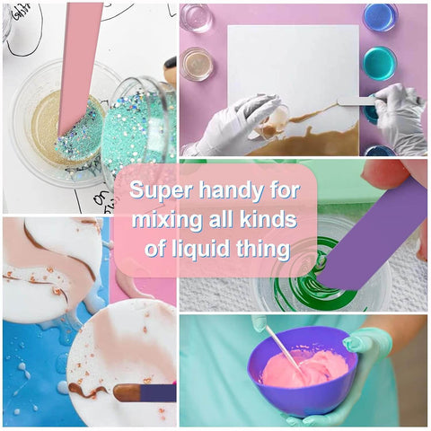 Collage of using Epoxy Resin Stir Sticks Set 20 PVC Mixing Sticks in 4 colors for mixing epoxy, resin, and paints in DIY projects.