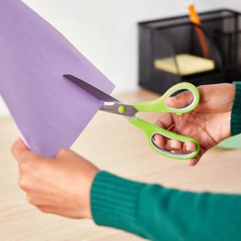 Stainless Steel Scissors Multipurpose Office And Craft Shears With PVD Coated Blades for cutting paper, green comfort grip handle.