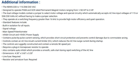 List of specifications for PWM DC Drive For Permanent Magnet Motors with details on voltage, current, and features.