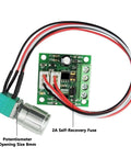 DC Motor Speed Controller 1.8V To 15V 2A PWM Variable Regulator board with green speed control knob and wires