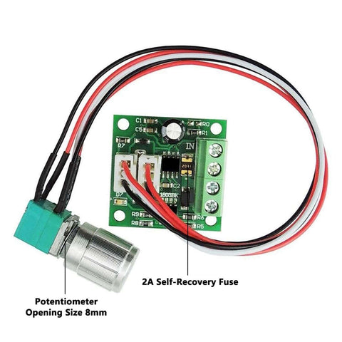 DC Motor Speed Controller 1.8V To 15V 2A PWM Variable Regulator board with green speed control knob and wires