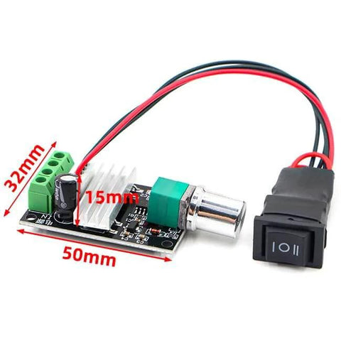 Small PWM DC Motor Speed Controller - for 6V 12V 24V 28V 3A 80W Low-Voltage Gear Motors with Forward/Reverse Switch Control, dimensions shown