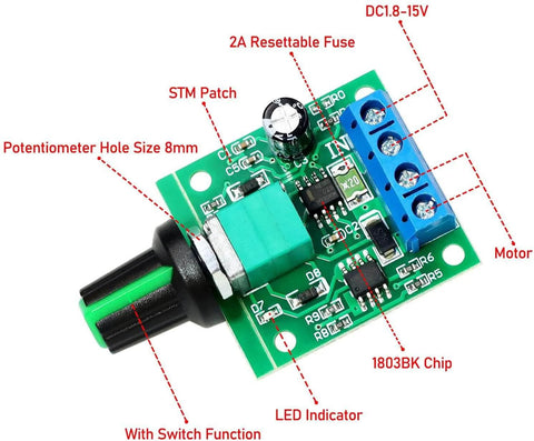 Top view of 2pcs PWM Low Voltage Motor Speed Controller DC 1.8V 3V 5V 6V 12V 2A 1803BK 1803B with labels and components visible