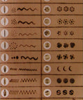 Wood and Leather Pyrography Pen Set showing different burn patterns with 35 tips, demonstrating use for woodburning and leather crafts.