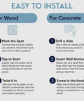 Installation instructions for Heavy Duty Q Hooks For Hanging 20 Pack Black Ceiling Hooks on wood and concrete surfaces.