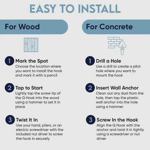 Installation instructions for Heavy Duty Q Hooks For Hanging 20 Pack Black Ceiling Hooks on wood and concrete surfaces.