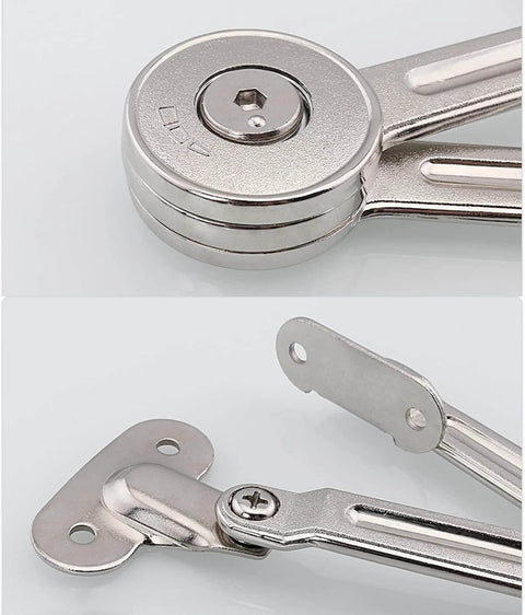 Close-up of 2 Packs [Upgraded] Qrity Cabinet Cupboard Door Lift Stay Support Hinge Damper in silver, showing hex key slot.