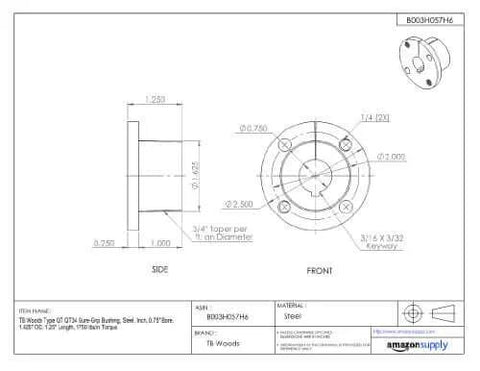 Technical drawing of QT34 SureGrip Bushing for Shaft Mount with Split Flange, 0.75 Inch Bore, Steel TB Woods.
