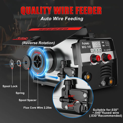 Close-up of 3 in 1 MIG TIG Stick Welder with quality wire feeder, showing auto wire feeding mechanism and control panel.