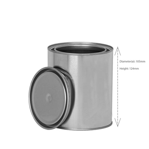 Quart size tin paint cans with lid, unlined silver tinplate, recyclable