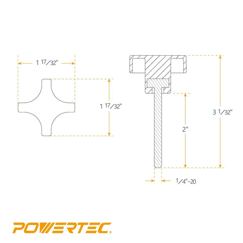 Technical drawing of 5 Pack Quarter Inch 20 TPI Four Point Knobs With 2 Inch Threaded Studs