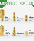 45 Piece One Quarter NPT Quick Connect Air Fittings Kit With Male And Female Couplers Plugs Hex Nipples Teflon Tape