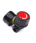 Reliable One Quarter Inch NPT air regulator with steel protected gauge guard, black with red adjustment knob, compact design.