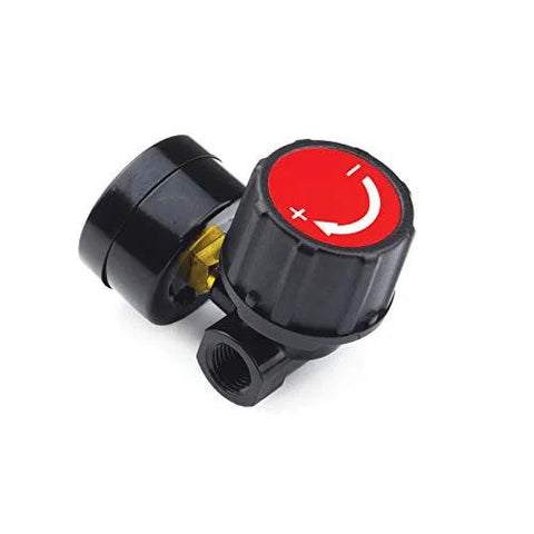 Reliable One Quarter Inch NPT air regulator with steel protected gauge guard, black with red adjustment knob, compact design.