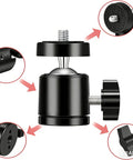 Quarter Inch Mini Ball Head Tripod Mount 3 Pack With 360 Degree Rotating Panoramic Base Adapters for DSLR cameras close-up view.