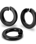 One Quarter Inch Split Lock Washers In 304 Stainless Steel 18-8 With Black Finish, Durable Nuts And Bolts Security, High Strength Spring Lock Washers, Pack Of 100 For Corrosion Resistance And Reliable Fastening. Close-up of three split lock washers.
