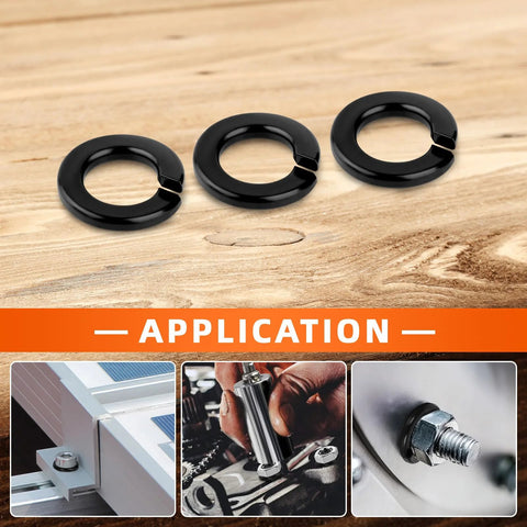 One Quarter Inch Stainless Steel Spring Lock Washer Black Finish 304 100 Pack on wood with installation examples