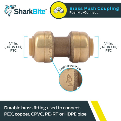 One Quarter Inch Push To Connect Brass Plumbing Coupling For PEX Copper CPVC PE RT HDPE Piping Easy Install Water Line Connector Leak Free