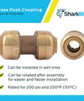 One Quarter Inch Push To Connect Brass Plumbing Coupling For PEX Copper CPVC PE RT HDPE Piping Easy Install Water Line Connector Leak Free Brass Fitting For Tight Spaces shown close-up