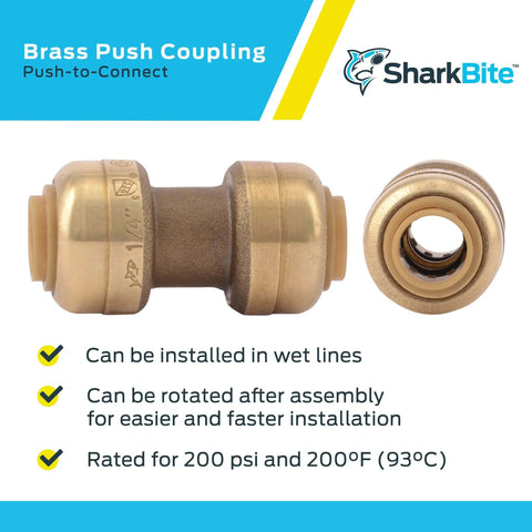 One Quarter Inch Push To Connect Brass Plumbing Coupling For PEX Copper CPVC PE RT HDPE Piping Easy Install Water Line Connector Leak Free Brass Fitting For Tight Spaces shown close-up