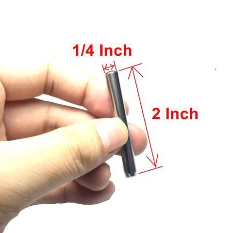 One Quarter Inch Dowel Pins 10 Pack For Furniture And Woodworking, Precision Ground Alloy Steel, Two Inch Length, held in hand
