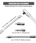 Heavy Duty 46 Piece One Quarter Inch Drive Socket Set With Metric CR-V Sockets showing extension bars and ratchet wrench