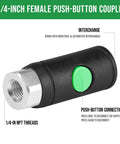 Side view of One Quarter Inch Female Industrial Air Coupler With Push Button Safety Quick Disconnect IM Type Aluminum Body