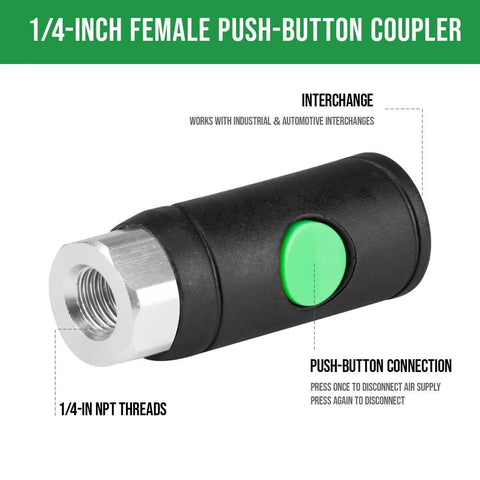 Side view of One Quarter Inch Female Industrial Air Coupler With Push Button Safety Quick Disconnect IM Type Aluminum Body
